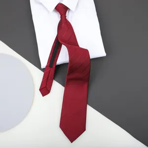 Red striped zipper tie for men and women, wedding groom lazy necktie formal business suit.