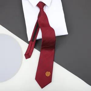 Red zipper necktie for wedding groom lazy tie striped business formal neckwear fashion