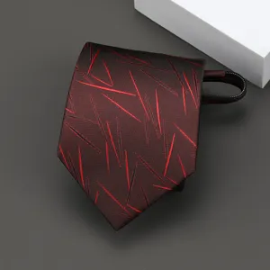 Men's pre-tied zipper tie business formal slim necktie with abstract geometric pattern for suit.