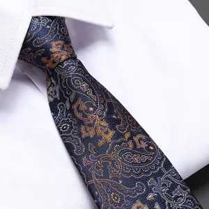 Men's silk paisley tie business formal wedding suit necktie classy blue gold design.