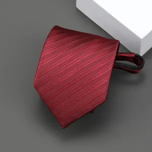 Detail view of dark red striped zipper tie, convenient pre-tied design for men's business wear.