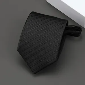 Close-up view of a black striped pre-tied zipper tie, perfect for formal business wear suits.