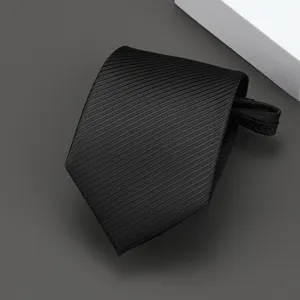 Detail shot of black striped zipper tie, perfect for business suits, weddings, and formal wear.