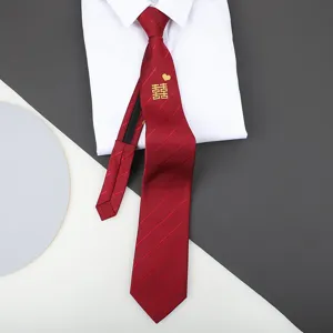 Red zipper tie wedding groom business formal necktie with gold double happiness embroidery