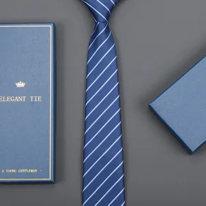 Men's classic blue striped necktie detail view with elegant gift box packaging for business.