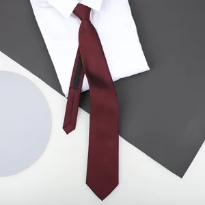 Burgundy zipper tie detail, classic business necktie with shirt collar presentation.