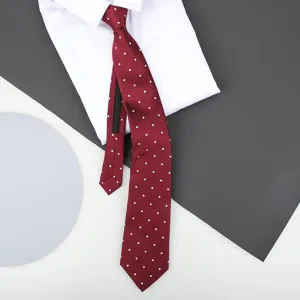 Burgundy polka dot zipper necktie detail shot showcasing neat fabric texture closeup.