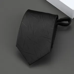 Black business zipper tie with abstract line pattern, elegant narrow design for formal wear.