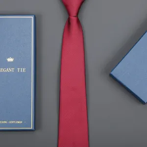 Burgundy silk tie with blue gift box, elegant formal business necktie set for men.