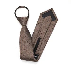 Corbata con cremallera de negocios para hombre, marrón con lunares azules, diseño práctico.