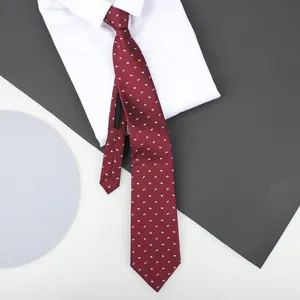 Detailed view of burgundy zipper tie with white dot pattern styled on a white formal shirt.