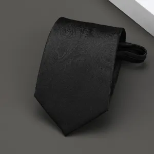 Black zipper necktie for men formal business wedding narrow pre-tied suit neck tie.