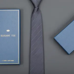 Classic dark grey striped tie for men business formal wear with elegant gift box packaging.