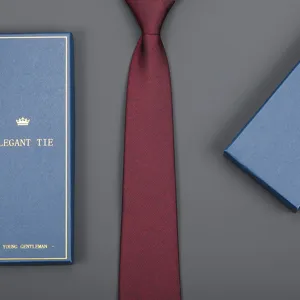 Burgundy silk-like formal business necktie with elegant blue gift box packaging for men wedding.