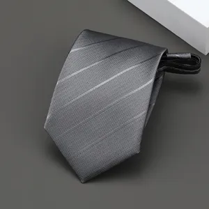 Detailed view of grey striped zipper tie showing fine diagonal texture and clean finish.