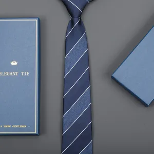 Men's business striped tie in dark blue with gift box, elegant necktie for formal wear.