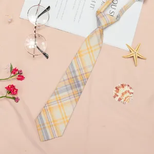 Japanese style yellow grey plaid JK tie student uniform pre-tied necktie for women