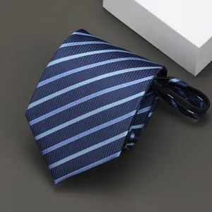 Business zipper striped necktie for men, pre-tied navy blue tie with light blue diagonal stripes.