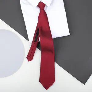 Red zipper necktie for men and women, classic striped business formal tie for wedding wear.