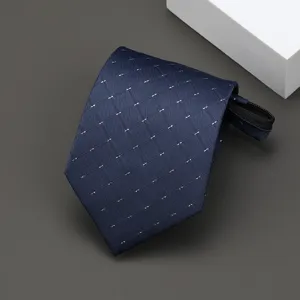 Detailed shot of a navy blue zipper tie with white striped grid, elegant formal neckwear.