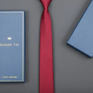 Red business necktie with blue gift box, classic solid color slim necktie for formal wear.