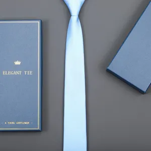 Closeup of light blue textured business tie paired with elegant gift box packaging.