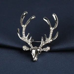 Herren Mode silberner Hirschgeweih Brosche mit glitzernden Strasssteinen Anzug Accessoire.