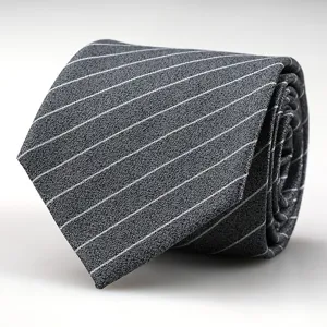 Men's stylish grey business necktie with classic white pinstripe pattern, for formal suits.