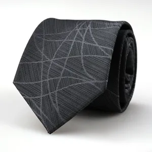 Men's dark gray business tie with geometric abstract lines pattern, elegant necktie for work.