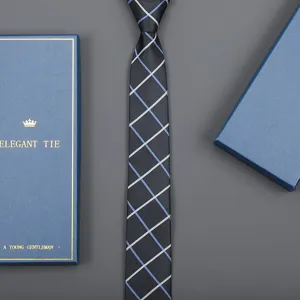 Classic black grid tie set with elegant blue gift box, perfect for business formal wear.