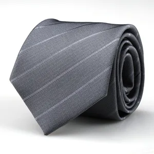 Closeup detail of the elegant grey striped men business necktie, showing fine fabric texture.