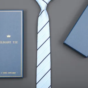 Blue striped necktie gift set for men business formal wear, elegant tie with packaging box.