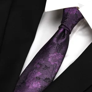 Purple floral tie detail shot, fine silk texture, elegant business suit accessory design.