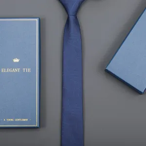 Classic blue business formal necktie with elegant gift box packaging for men wedding wear.
