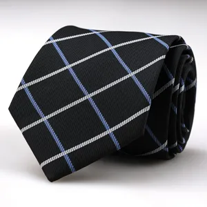Men's classic black business tie featuring a stylish white and blue grid pattern design.