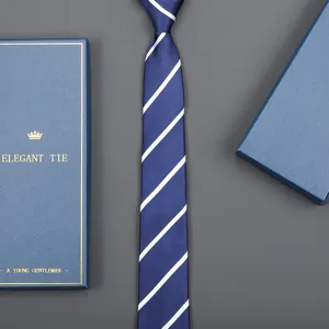 Blue striped necktie with gift box, elegant business formal wear accessory for men.