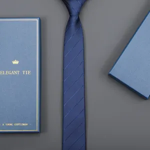Blue striped necktie for men with elegant gift box, perfect for business formal wear events.