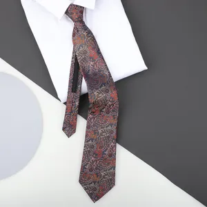 Detail shot of classic paisley pattern zipper tie paired with crisp white dress shirt.