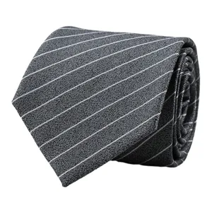 Dark grey striped men's necktie for business wear, classic formal suit accessory, stylish look.