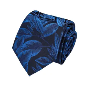 Men's blue silk necktie with black leaf pattern, elegant business formal neckwear for men.