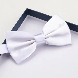 White satin bow tie for men, elegant formal neckwear accessory for wedding or business suit.