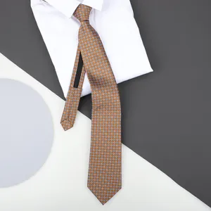 Detailed view of a brown patterned zipper tie, perfect for business formal wear.