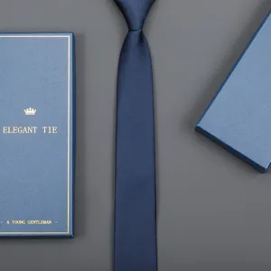 Dark blue business formal necktie with gift box packaging, exquisite diagonal twill detail view.
