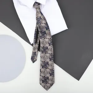 Close up detail view of a navy blue paisley pattern zipper tie for men business formal wear.