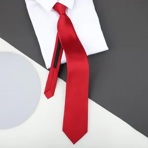 Classic red zipper tie for men and women, pre-tied solid color business wedding necktie.