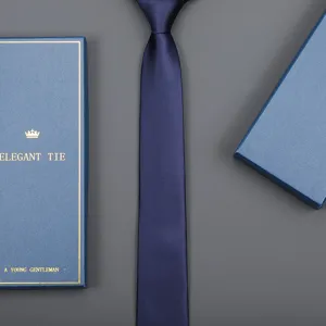 Classic solid blue silk necktie with exquisite luxury gift box packaging for men business wear.
