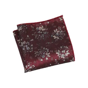 Retro Bloemen Heren Pak Pocochette Donkerrood Zijde Zakdoek Trouwpak Kostuum Accessoire