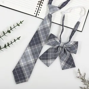 Japanese JK uniform tie and bow set, gray plaid collar accessory for student shirt.