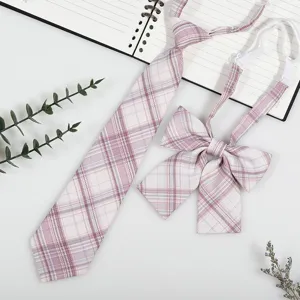 JK uniform pink plaid necktie and bow tie set, cute pre-tied school style accessories.