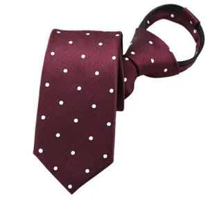 Corbata con cremallera burdeos de lunares blancos, corbata preatada fácil para negocios formales.